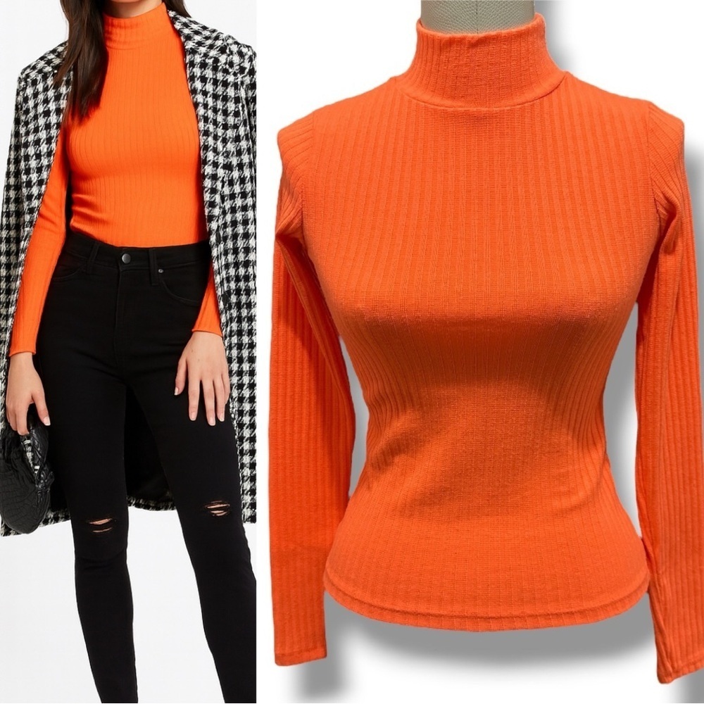 405 PULL&BEAR | EUC Turkey Bright Orange Ribbed Mock Neck Stretchy Top (Sz XS/S)